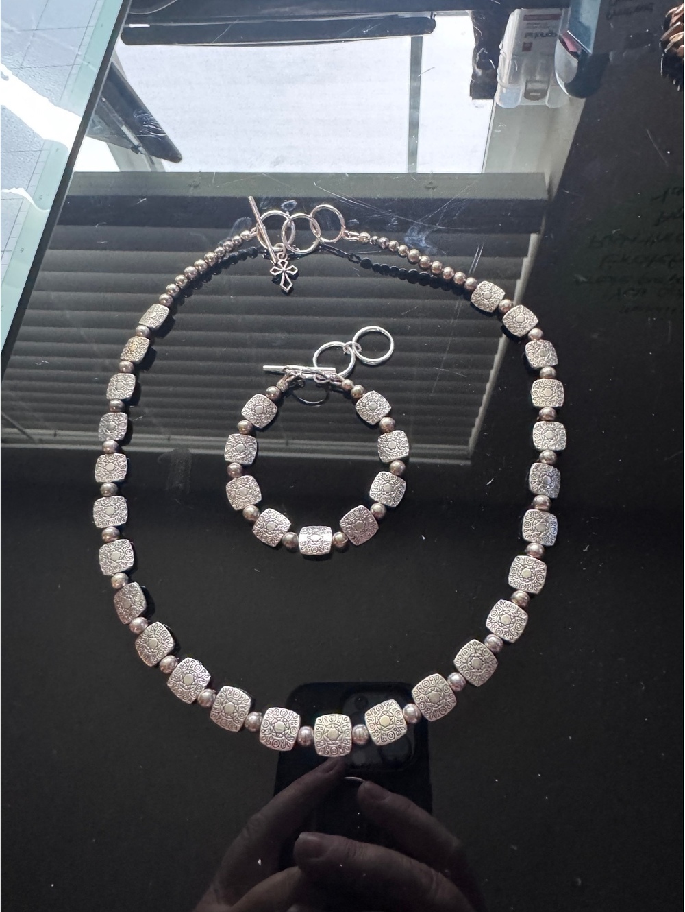 Antiqued Silver Tone Beaded Necklace Bracelet Set Square Embossed Cross Boho